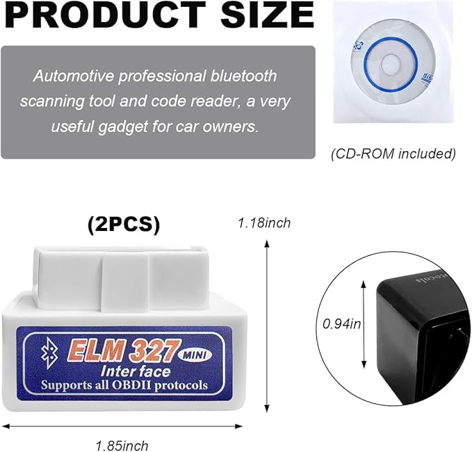 2 PCS OBDII Car Auto Diagnostic Scanner, ELM327 Automotive Bluetooth Scan Tool and Code Reader, Professional Car Bluetooth Engine Fault Code Reader, Universal Car Accessories (White & Blue)