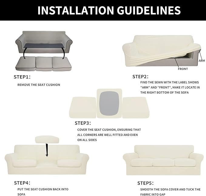 Easy-Going 100% Dual Waterproof 4 Pieces Oversized Cover Stretch Soft Couch Cover for Dogs, Sofa Slipcover for 3 Separate Cushion Couch Leakproof Furniture Protector for Kids, Pets Ivory