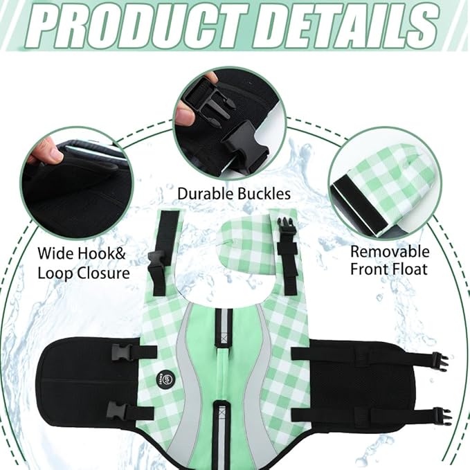 EMUST Life Vests for Dogs, Lightweight Small/Medium/Large Dog Life Preserver for Swimming/Boat/Water, Turquoise Check, XL