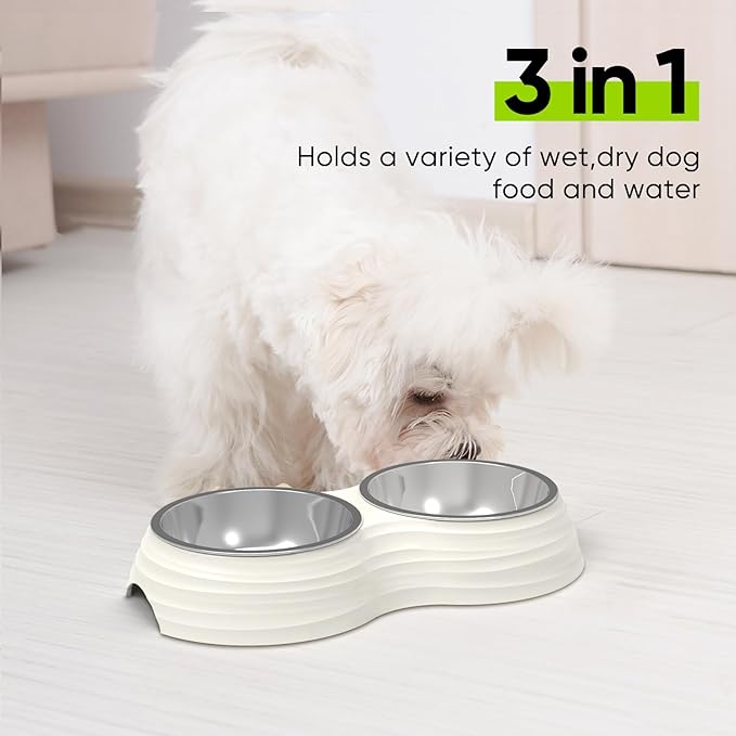Stainless Steel Dog Bowls Set, Double Food & Water Bowls for Dogs, Dual Dog Food Bowl with 2 Small (6oz*2) Bowl, Non-Slip Pet Bowls Suitable for Puppies, Kittens and Small Breed Dogs (White)