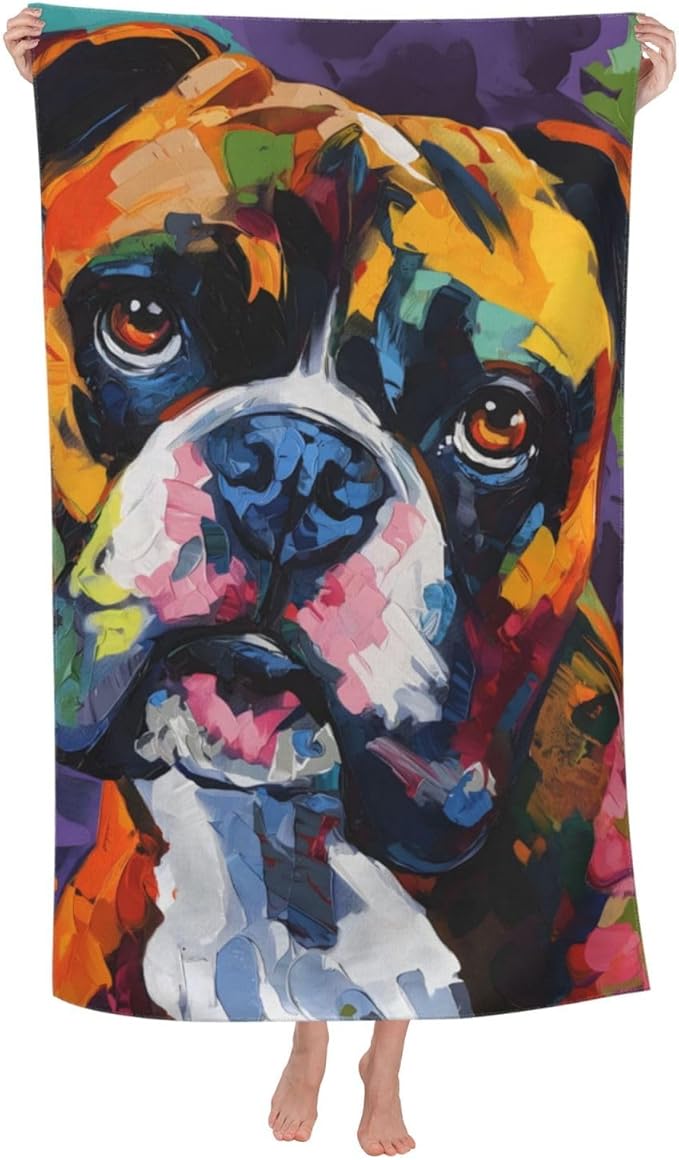 Colorful Boxer Dog Beach Towel Dog Sand-Free Microfiber Bath Towel Ultra Soft Quick Dry Pool Towel Absorbent Towel Lightweight Towel Gifts for Outdoor Bathroom Swimming Decor 31inx51in