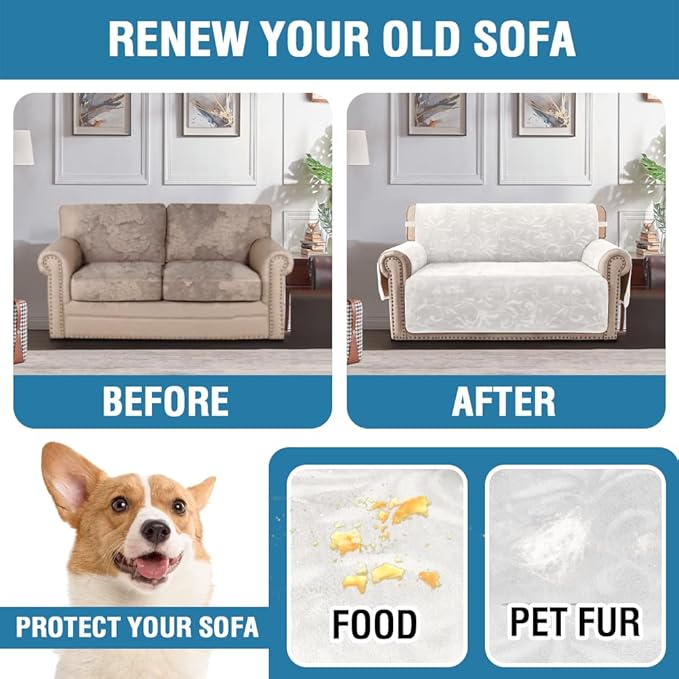 H.VERSAILTEX Sofa Slipcover 100% Waterproof Couch Cover Velvet Classic Flower Pattern Furniture Protector Non Slip with Elastic Straps for Pets Dogs Width Up to 52 Inch (Medium Sofa, Ivory)