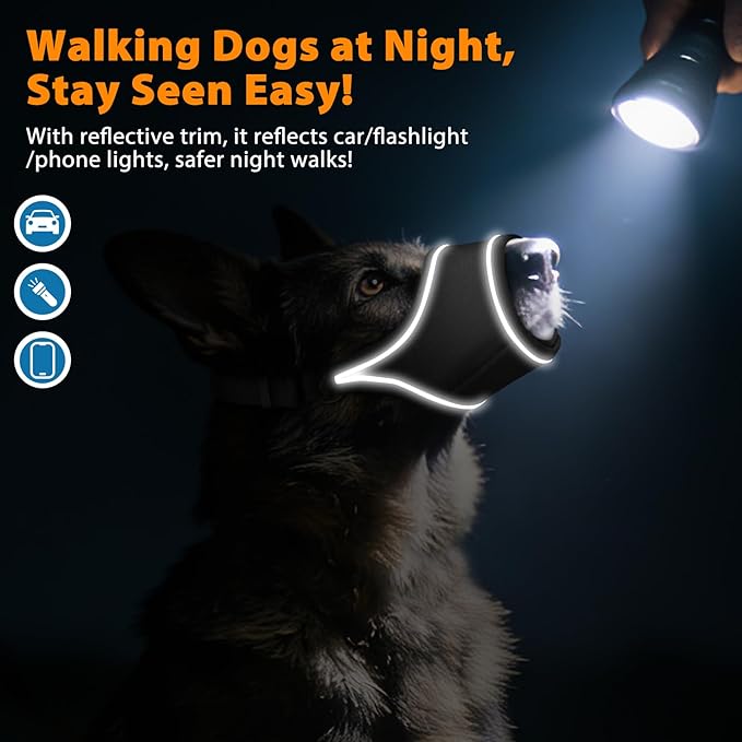 LUCKYPAW Dog Muzzle for Small Medium Large Dog Labrador Golden Retriever German Shepherd, Soft Oxford Cloth Muzzle to Prevent Biting Chewing for Training Grooming with Buckle Reflective Strip(Black,M)