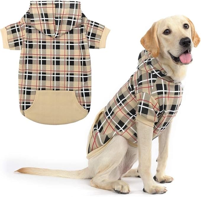 EXPAWLORER Plaid Dog Hoodie - British Style Warm Dog Sweater Shirt with Leash Hole,Pitbull Clothes Outfits,Winter Coat Apparel for All Breeds Puppy Girl Boy-Cat Apparel,Beige XL-XXLarge