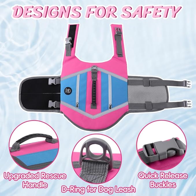 EMUST Dog Life Vests for Boating, Water-Resistant Dog Swimming Vest with Rescue Handle, Comfortable Fit Pet Life Jacket Medium with D-Ring for Rafting, Surfing, Canoeing, Pink&Blue, M