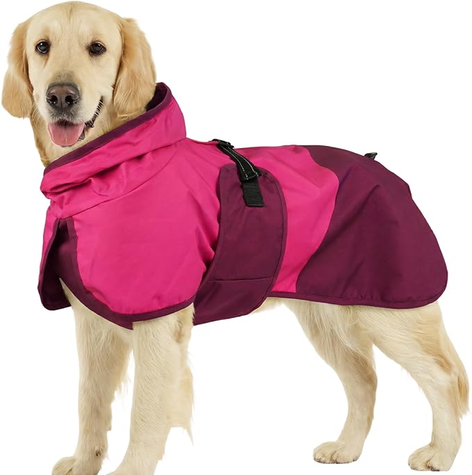 BRKURLEG Dog Raincoat Adjustable Dog Rain Jacket with Hood Dogs Waterproof Rainproof Jacket with Leash Hole Pet Poncho Rain Coat Poncho with Reflective Strip, Rose Red, XXXL