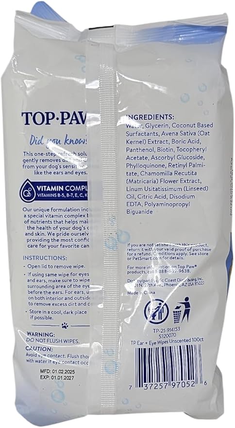 TOP PAW Ear and Eye Wipes Unscented, 100 Count, for Dogs