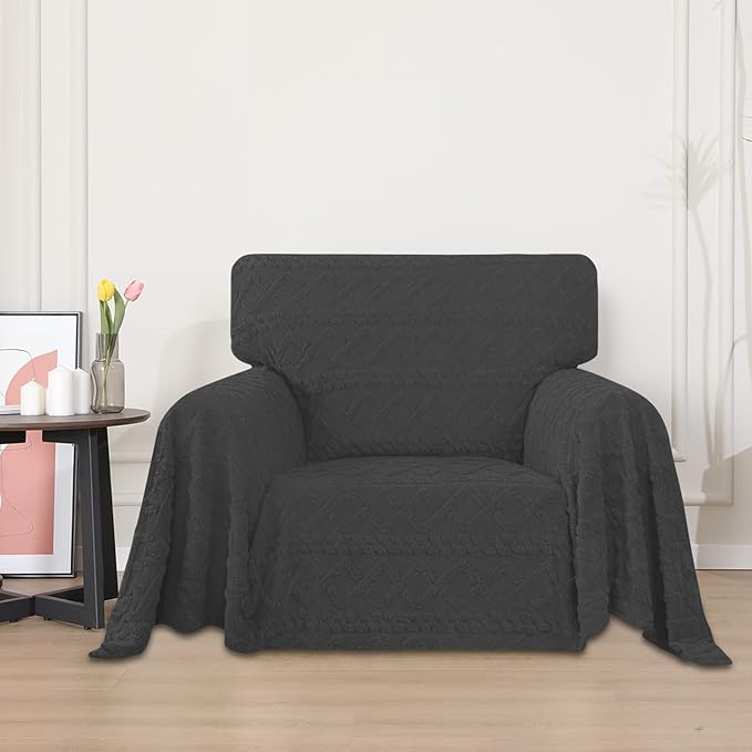Easy-Going 80X102 inches Chair Sofa Cover, Jacquard Velvet Couch Slipcover for 1 Cushion Couch, L Shape Sectional Covers for Dogs, Washable Sofa Blanket, Furniture Protector for Pets, Dark Gray