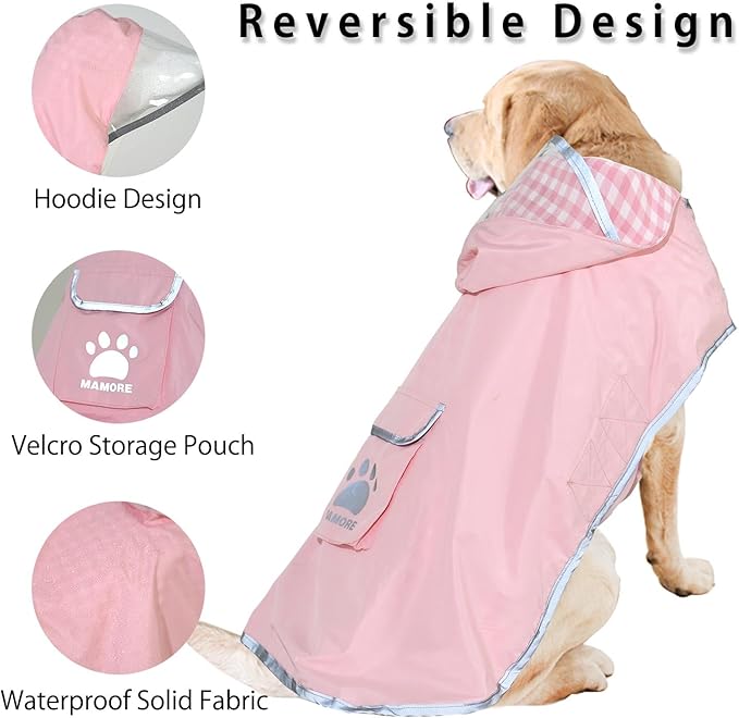 MAMORE Dog Raincoat Reversible,Waterproof Dog Rain Coat Hooded Slicker Poncho with Reflective Strip, Plaid Double Layer Rain Jacket for Small Medium Large Dogs (Pink, Medium(13-22lb))