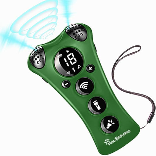 Ultrasonic Dog Bark Deterrent Device –10-Level Adjustable Anti Barking Trainer with Flashlight, Strobe, E-Clicker(18 Whistle Sounds)–No Shock, Collar-Free Dog Behavior Correction Devices