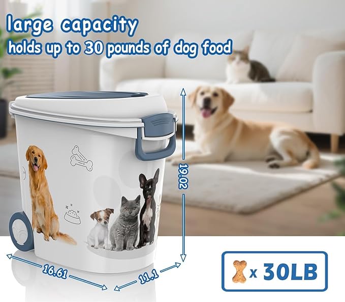DRATO Pet Food Storage Container with Wheels Resin 30LB Capacity Dog Food Container with Slow Feeder Bowl and Scoop Easy to Move to Keep Food Fresh for Dogs, Cats, Birds