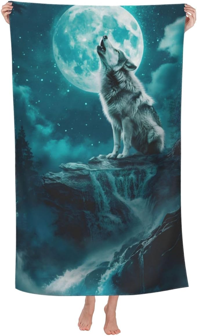 Howling Wolf Moon Beach Towel Animal Sand-Free Microfiber Bath Towel Ultra Soft Quick Dry Pool Towel Absorbent Towel Lightweight Towel Gifts for Outdoor Bathroom Swimming Decor 31inx51in