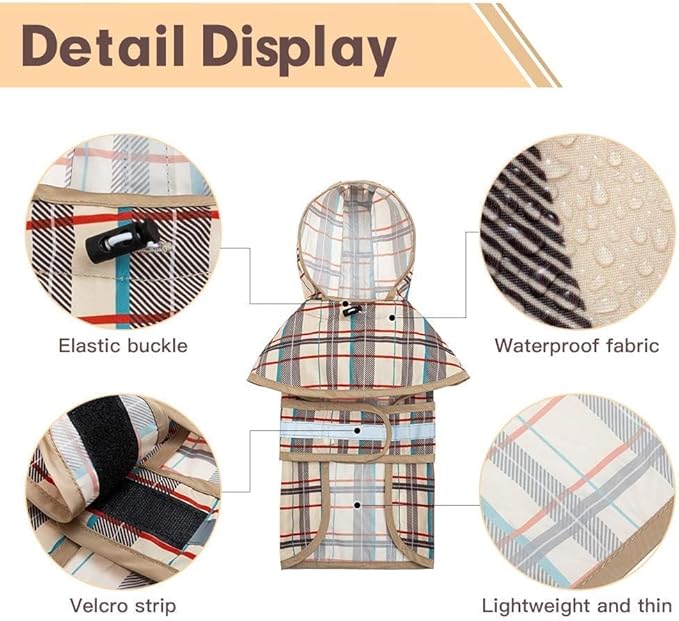 KOOLTAIL Dog Raincoat Hooded Slicker Poncho with Leash Hole, Rain Coat for Large Dogs, Waterproof Doggie Rain Jacket with Reflective Strip, Adjustable Breathable Lightweight Puppy Rainwear-Beige L