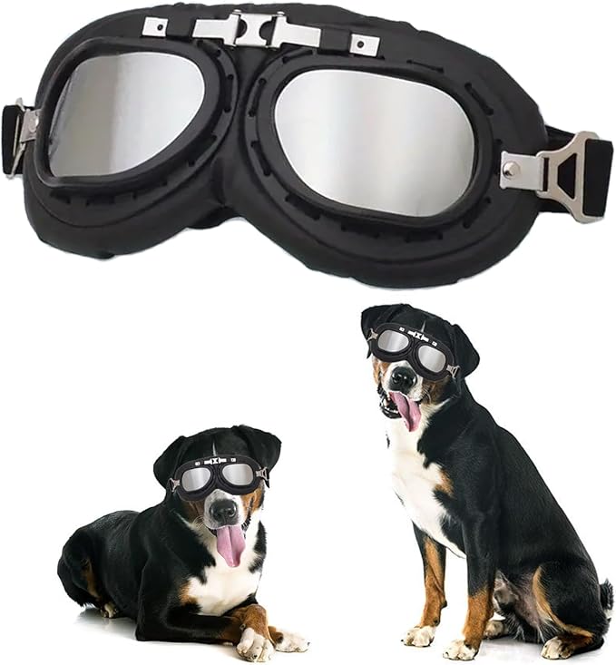 Lightweight Pets Vintage Sunglasses Include Eyeglass Cleaning Cloth for Medium to Large Dogs UV Goggles Windproof Anti-Dust Snowproof Motorcycle Riding Glasses with Adjustable Straps Silver