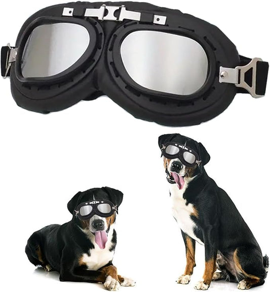 Lightweight Pets Vintage Sunglasses Include Eyeglass Cleaning Cloth for Medium to Large Dogs UV Goggles Windproof Anti-Dust Snowproof Motorcycle Riding Glasses with Adjustable Straps Silver