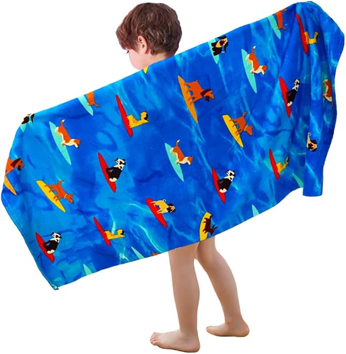 YIFONTIN Microfiber Beach Towels Velour Throw Blanket Super Soft Absorbent 27.5"x55" for Kids Bath Camping Swimming Pool Sports, Puppy Surfing.