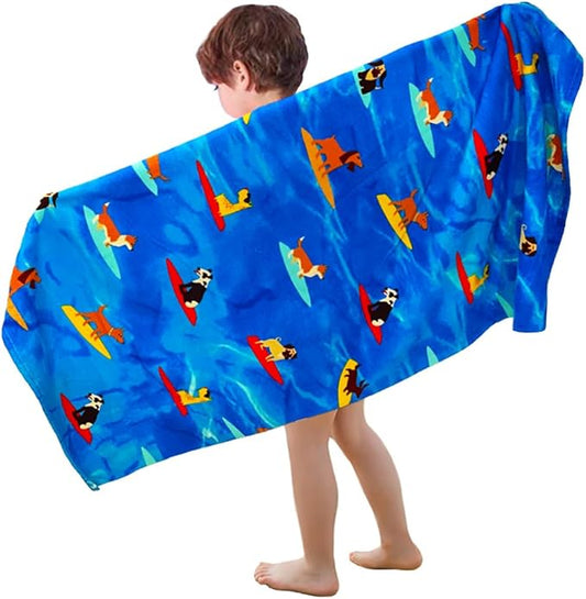 YIFONTIN Microfiber Beach Towels Velour Throw Blanket Super Soft Absorbent 27.5"x55" for Kids Bath Camping Swimming Pool Sports, Puppy Surfing.