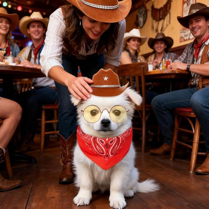 Pet Cowboy Costume Accessories for Dogs Cat Mini Cowboy Hat Sunglasses with Bandana for Halloween Party Western Cosplay (Brown)