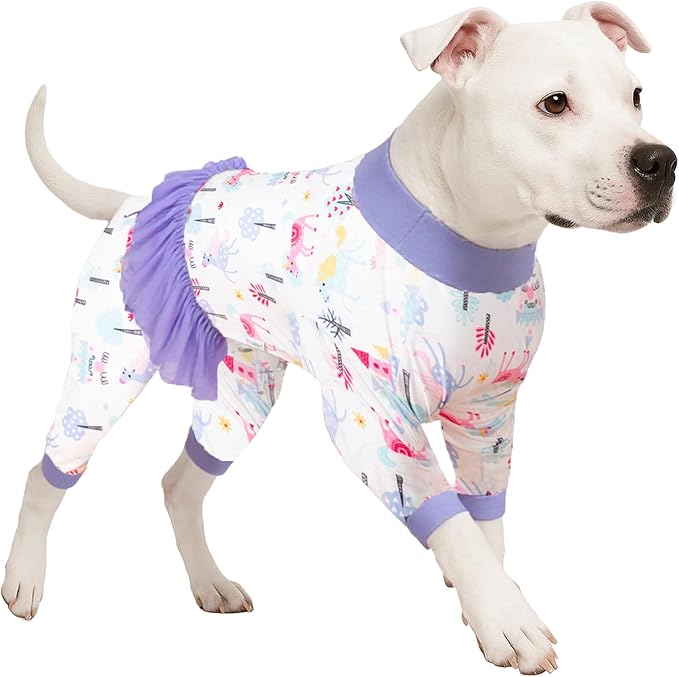 LovinPet Dog Pjs Medium - High Collar Cotton Dog Onesie, UV Protection, Post Surgery Recovery Shirt,Lightweight Stretchable Fabric, Fairytale Print, Pet Pajamas for Dogs, Purple M