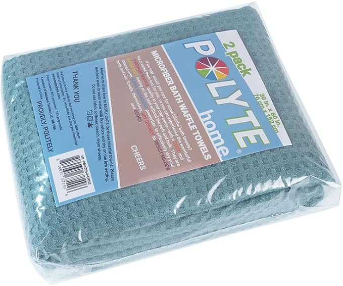 POLYTE Microfiber Oversize Quick Dry Lint Free Bath Towel, 60 x 30 in, Set of 2 (Green, Waffle Weave)