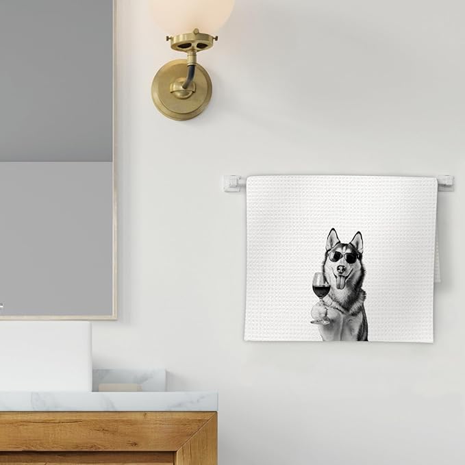 Husky Gifts Wine Dog Kitchen Towels, Gifts for Husky Dog Wine Lovers Decorative Hand Dish Towel for Kitchen Home Bar, Funny HuskyDog WineLover Home Bar Kitchens Decor(16x24 Inch)