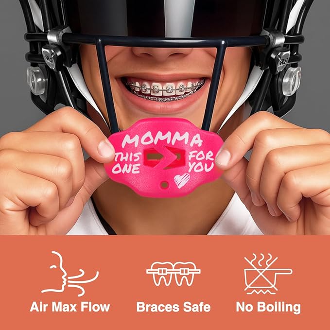 SLEEFS Football Mouth Guard - Lip/Mouthguard with Helmet Strap - Lip/Teeth Protector Mouthpiece - No Boil - for Youth/Adults, Maximum Air Flow, for All Sports - Momma This One for You