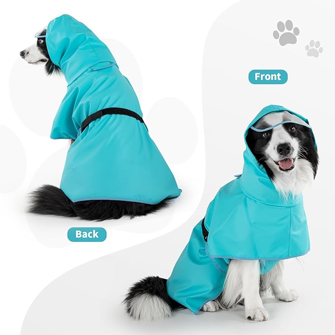 Dog Raincoat, Waterproof Windproof Dog Rain Jacket with Hood, Rain Coat with Leash Hole, Adjustable Raincoat Poncho for Small Medium Large Dogs Outdoor (Blue, L)