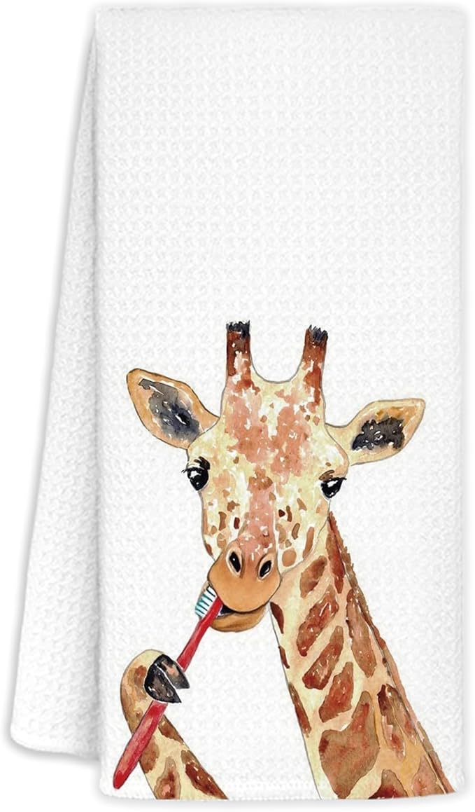Funny Giraffe Bathroom Hand Towels, Giraffe Gifts for Kids, Kids Bathroom Decor, Brushing Teeth Wild Animal Hand Towels for Bath Room Washroom Toilet, 16x24 Inch