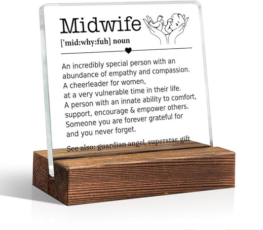 Midwife Definition Acrylic Sign With Wooden Stand, Funny Home Office Desk Decor Plaque Gifts for Pediatrician OB Nurses Obstetrician Gynecologist, Midwife Appreciation Gifts from New Mom