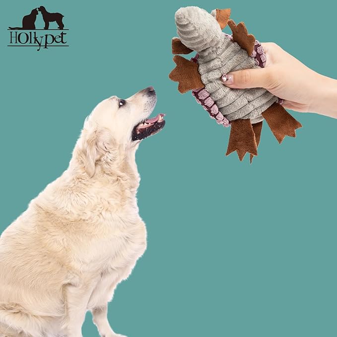 Hollypet Plush Dog Squeaky Toy Stuffed Armadillo Animal Pet Puppy Chew Toys with Clean Teeth for Small Medium Large All Breed Sizes Dogs, Pink, 6 in