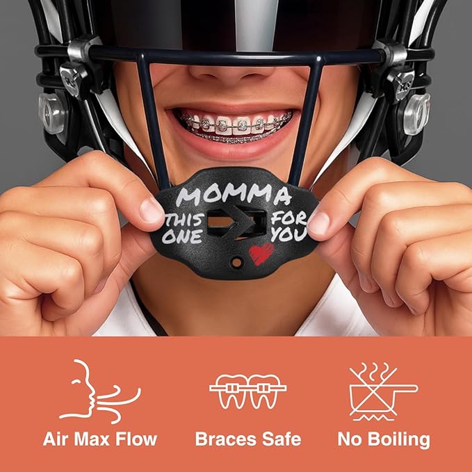 SLEEFS Football Mouth Guard - Lip/Mouthguard with Helmet Strap - Lip/Teeth Protector Mouthpiece - No Boil - for Youth/Adults, Maximum Air Flow, for All Sports - Momma This One for You