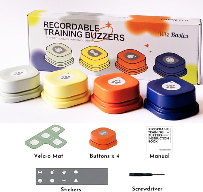 Dog Buttons for Communication Starter Pack Recordable Dog Talking Buttons Set Dog Training Speaking Buttons Dog Clicker with Mat & Stickers (4 Packs-Rubber Mat)