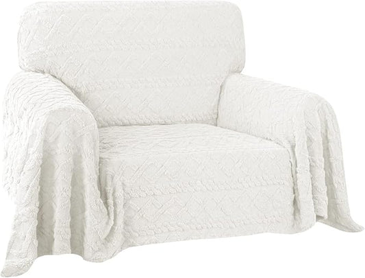 Easy-Going 80X102 inches Chair Sofa Cover, Jacquard Velvet Couch Slipcover for 1 Cushion Couch, L Shape Sectional Covers for Dogs, Washable Sofa Blanket, Furniture Protector for Pets, Ivory