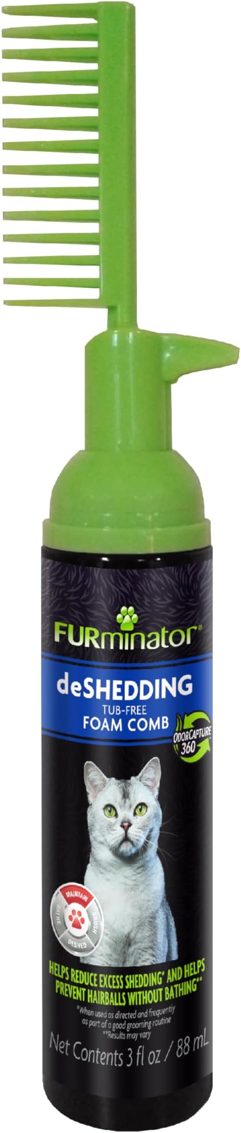 FURminator Tub-Free Deshedding Foam Comb, 3 Ounces, Grooming Comb for Cats Helps Freshen Coat and Reduce Odors with No Rinsing