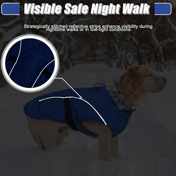 DENTRUN Winter Warm Dog Coat Reflective Jacket with Turtleneck for Cold Weather, Adjustable Buckle Windproof Water Repellent, Thick Snowsuit Fleece Vest for Small, Medium, Large Dogs, Blue, XXL