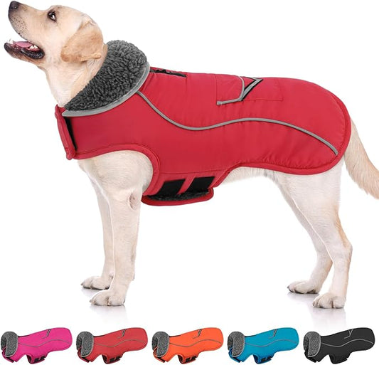 SUNFURA Dog Coat, Warm Dog Coat XXL Puffer Jacket with Harness Hole, Reflective Pet Snow Jacket Turtleneck Fleece Vest for Weimaraner, Labrador, Golden Retriever, Red 2XL