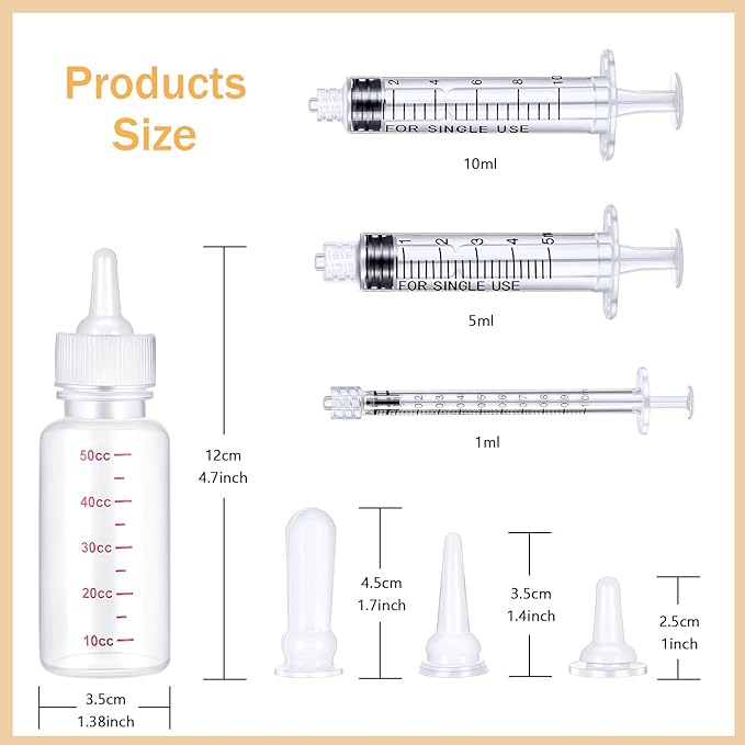 Sadnyy 17 Pcs Kitten Bottle Feeding Kit Puppy Bottles for Nursing Puppy Milk, Liquid Syringes in 1, 5 and 10 ml, Replacement Silicone Nipples, Cleaning Brushes for Newborn Pet Cat Dog Rabbit Goat