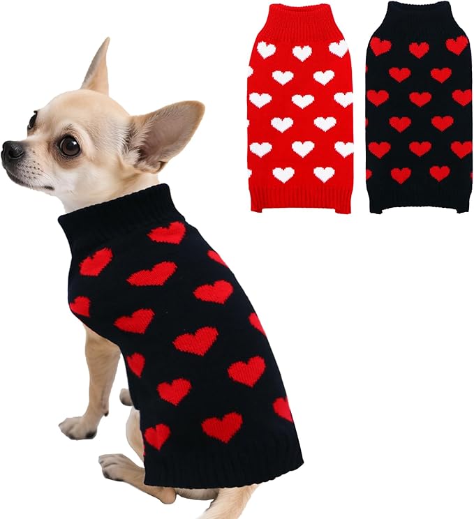 2 Pack Valentines Dog Sweater, Knit Pet Small Dog Sweater Holiday Valentine’s Day Outfit Clothes for Small Medium Large Dogs Pets (Red & Black, Small)