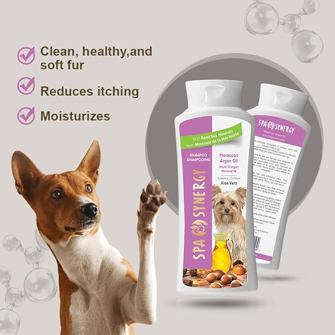 Pet Dog Shampoo Natural Dead Sea Mineral Rich, Aloe Vera & Vitamin-E, Soothing Anti-itching, Soften, Moisturizing - Moroccan Argan Oil - (1) Bottle 16.5 FL OZ