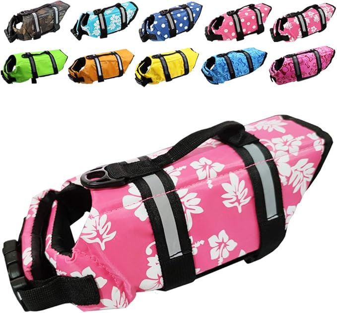 Dog Life Jacket Easy-Fit Adjustable Belt Pet Saver Swimming Safety Swimsuit Preserver with Reflective Stripes for Doggie (XX-Small, Flowers and Pink)