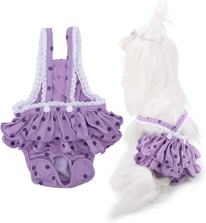 Female Dog Diapers, Cotton Sweet Dots Sanitary Pantie Breathable Menstrual Pants with Adjustable Suspender Washable Pet Underwear Diaper Doggie Period Panties for Pet Dog Puppy