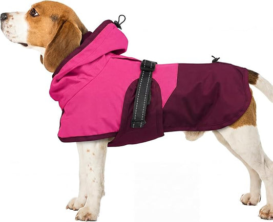 BRKURLEG Dog Raincoat Adjustable Dog Rain Jacket with Hood Dogs Waterproof Rainproof Jacket with Leash Hole Pet Poncho Rain Coat Poncho with Reflective Strip, Rose Red, XL