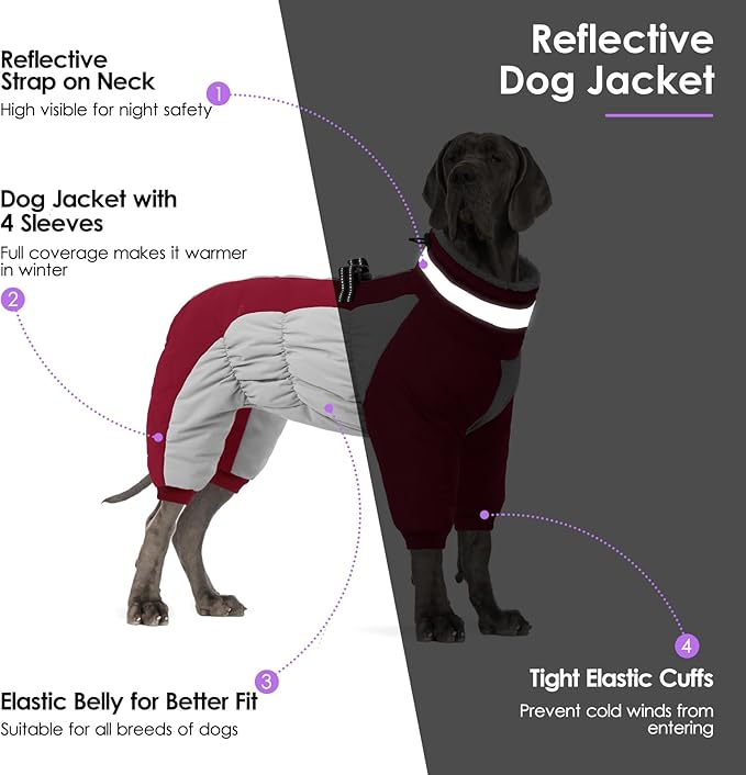 SUNFURA Full Body Dog Coat - Warm Fleece Jacket for Large Dogs, Turtleneck Winter Coats with Harness, Reflective Dog Snowsuit Windproof Puffer Jackets with Legs for French Bulldog, Burgundy L