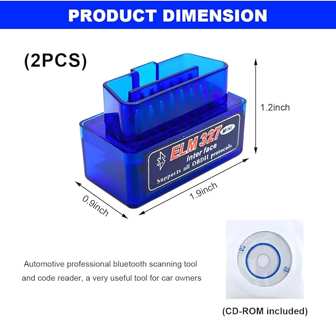 2 PCS ELM327 OBDII Car Auto Diagnostic Scanner, Professional Wireless Bluetooth Scan Tool Failure Detector, OBD2 Engine Fault Code Reader for Android Windows, Car Accessories