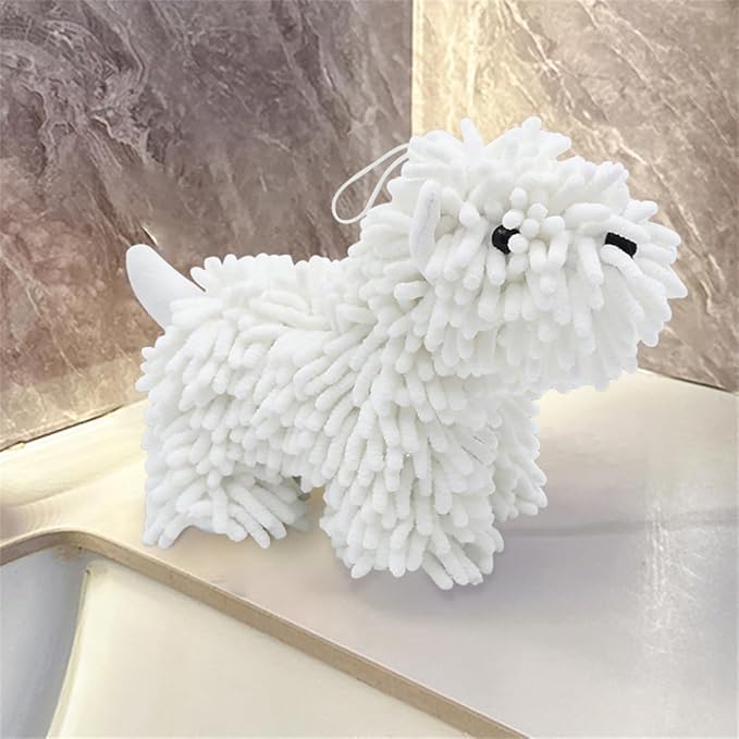 Chenille Hand Towel - Cute Cartoon Dog Plush Fuzzy Ball Hand Towel, Super Absorbent Hanging Kitchen & Bathroom Towels for Kids, Soft Hand Drying Puff for Bath, Washstand (White)