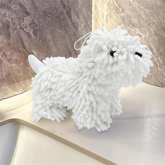 Chenille Hand Towel - Cute Cartoon Dog Plush Fuzzy Ball Hand Towel, Super Absorbent Hanging Kitchen & Bathroom Towels for Kids, Soft Hand Drying Puff for Bath, Washstand (White)