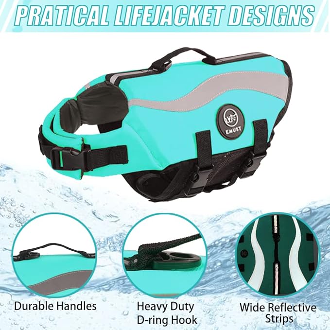 EMUST Dog Life Jacket, Ripstop Large Dog Life Vests Swimsuit for Boating/Swimming/Pool with Double Rescue Handles, Dogs Flotation Vest for Large Dogs, Turquoise,XXL