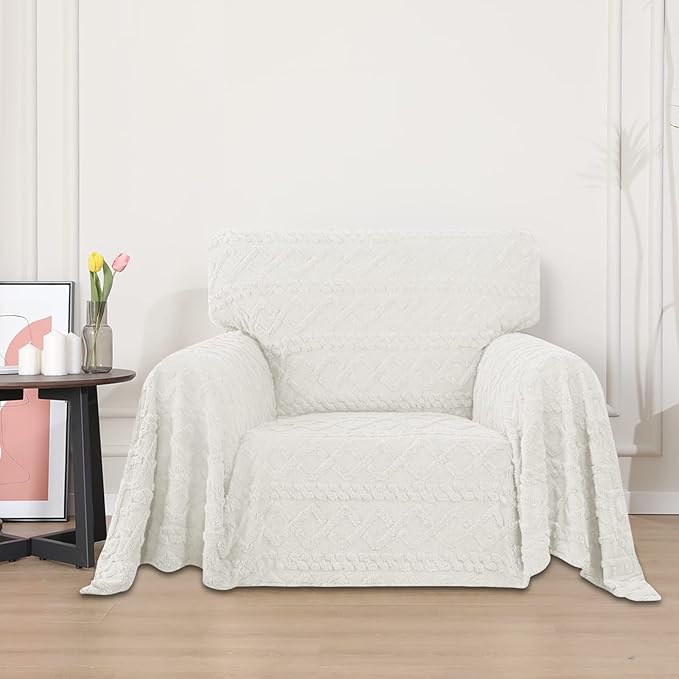 Easy-Going 80X102 inches Chair Sofa Cover, Jacquard Velvet Couch Slipcover for 1 Cushion Couch, L Shape Sectional Covers for Dogs, Washable Sofa Blanket, Furniture Protector for Pets, Ivory