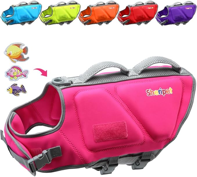 Dog Life Jacket for Large Dogs, Dog Life Vest for Swimming with Three Fashion Fabric Patches, Life Jacket with Reflective Stripes and Two Rescue Handle, Flotation Vest, L