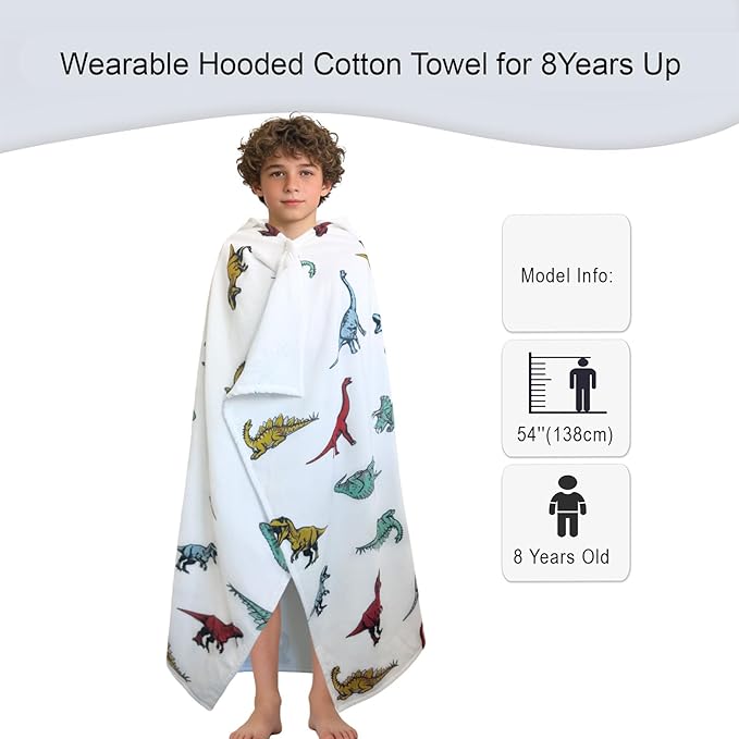 VOOVA & MOVAS Dinosaur Beach Towels with Hood for Teens & Big Kids 8Years Up | Soft, Absorbent 100% Cotton Towel Wrap for Boys | Beach, Pool, Swim & Bath Cover-Up